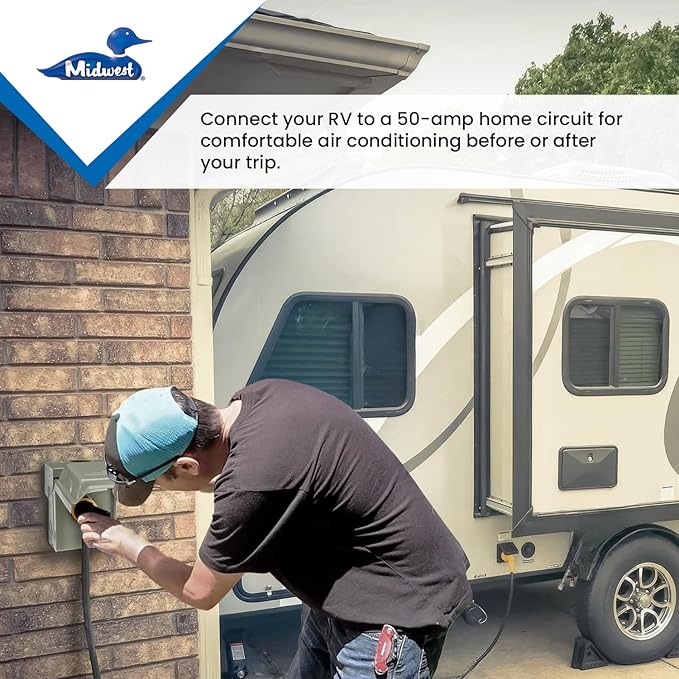MIDWEST U054P â€¢ Weatherproof Temporary RV Outlet â€¢ 50A 14-50 RWR â€¢ Power Supply â€¢ Volts AC: 120/240V â€¢ Fully Compliant