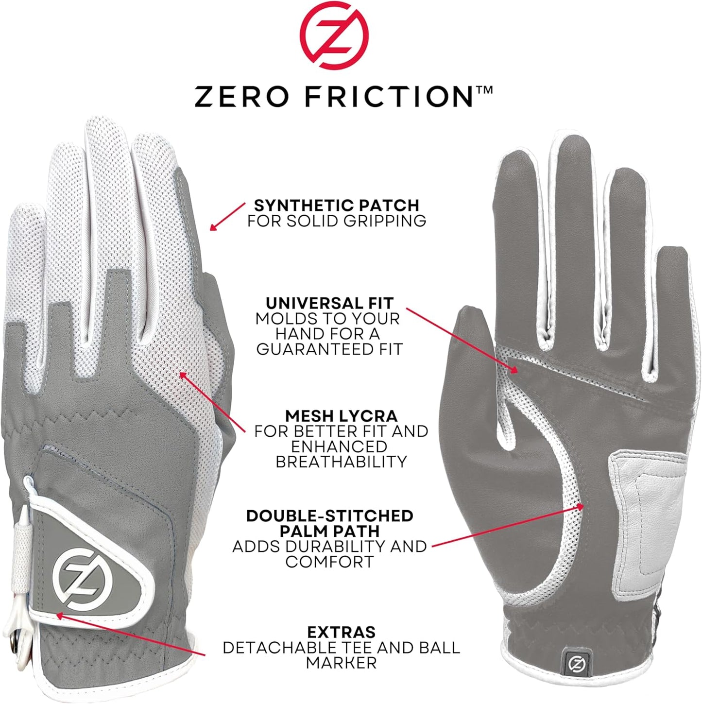 Zero Friction Ladies Compression-Fit Synthetic Golf Glove (2 Pack with Free Pack of tees), Universal Fit One Size, White/Lavender