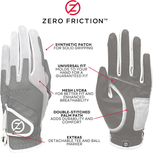 Zero Friction Ladies Compression-Fit Synthetic Golf Glove (2 Pack with Free Pack of tees), Universal Fit One Size, White/Lavender