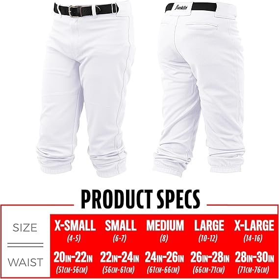 Franklin Sports Youth Baseball + Softball Pants - Knee High White Baseball Pants for Kids - Boys + Girls Knicker Style Bottoms with Belt Loop - White - Youth Medium - Yalz Store