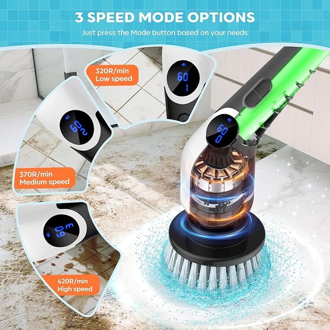 Electric Spin Scrubber, Cordless Cleaning Brush Power Shower Scrubber Long Handle Extendable Handheld Electric Scrubber for Bathroom Floor Tub Tile with 8 Replaceable Brush Heads & Hook