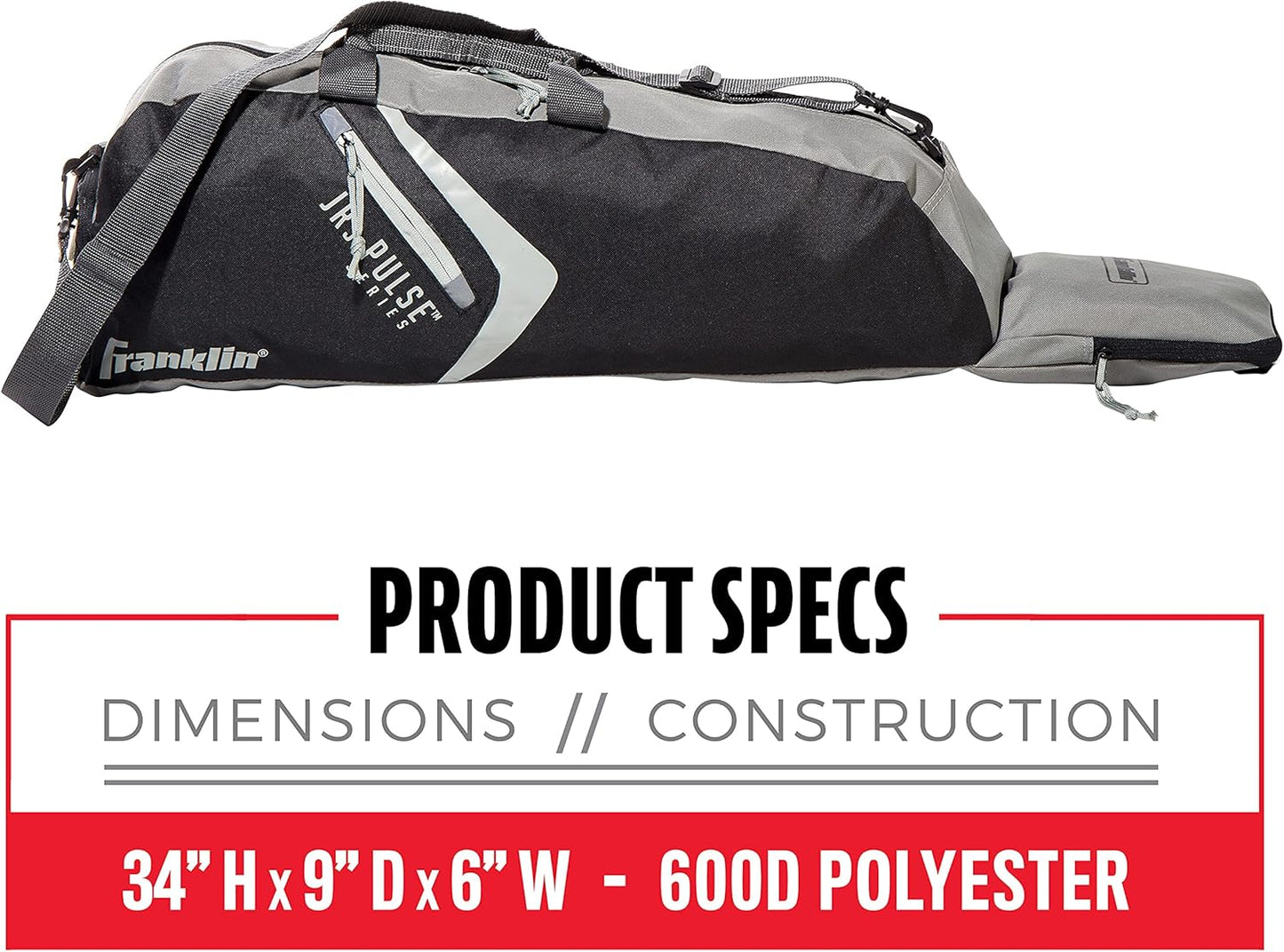 Franklin Sports Youth Baseball Bag - JR3 Junior Kids Bat Bag for Teeball, Baseball + Softball - Boys + Girls Equipment - Black/Gray