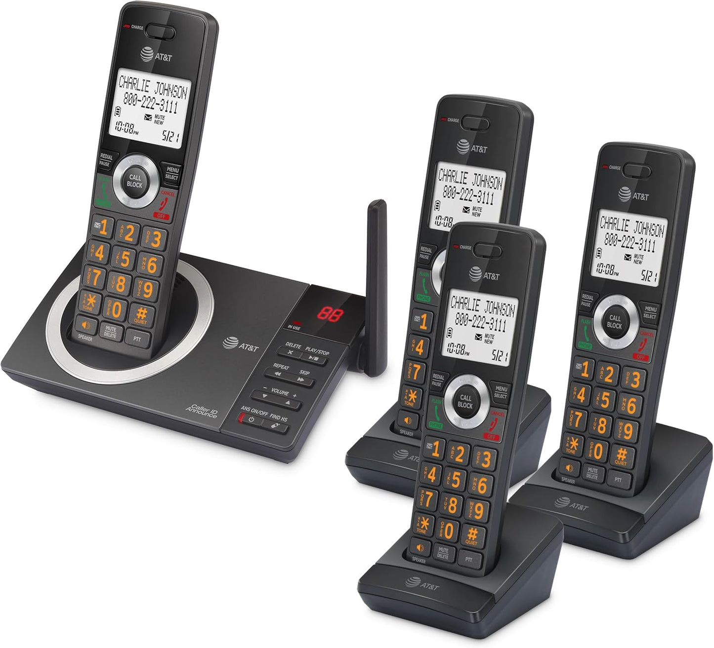 AT&T 4-Handset DECT 6.0 Expandable Cordless Home Phone with Large Display, Big Buttons, Answering Machine, Smart Call Blocker, Bluetooth Connect to Cell, Long Range, Caller ID, Speakerphone: DL72419