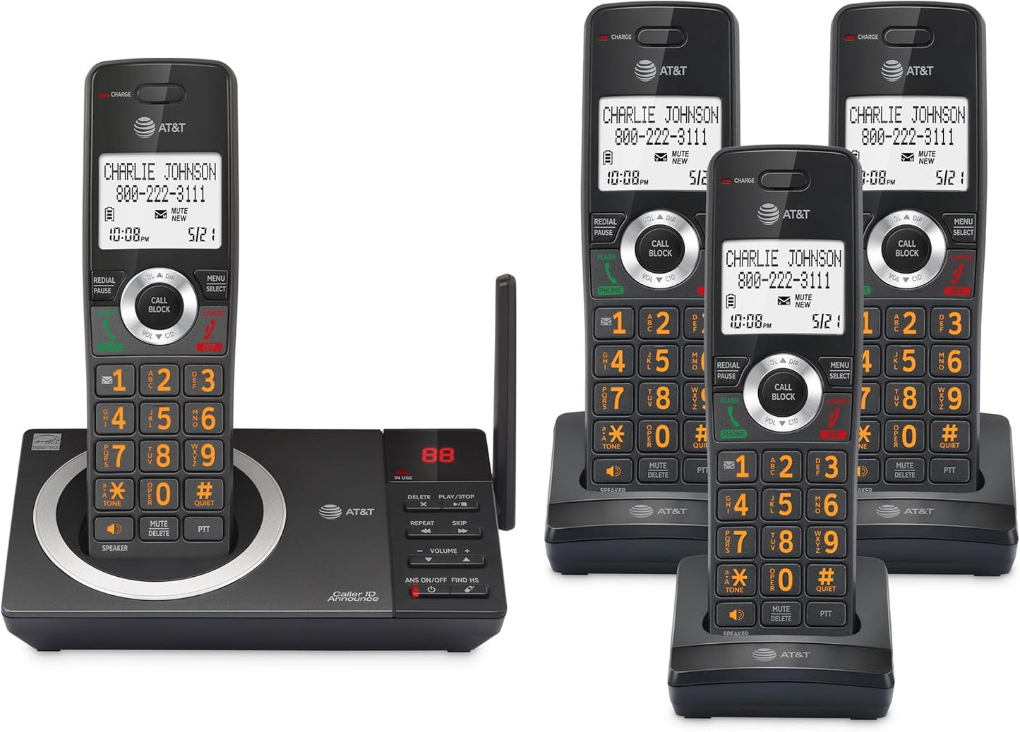 AT&T 4-Handset DECT 6.0 Expandable Cordless Home Phone with Large Display, Big Buttons, Answering Machine, Smart Call Blocker, Bluetooth Connect to Cell, Long Range, Caller ID, Speakerphone: DL72419