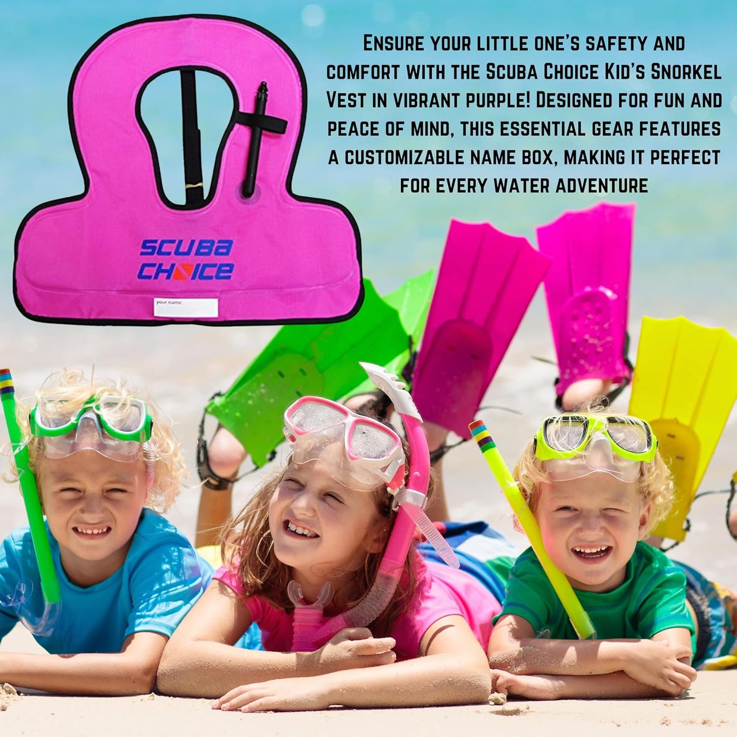 Scuba Choice Kid's Snorkel Vest with Name Box, Purple â€“ Lightweight Adjustable Vest for Kids Up to 100 lbs with Easy Oral Inflator and Anti-Ride-Up Strap for Comfort and Safety