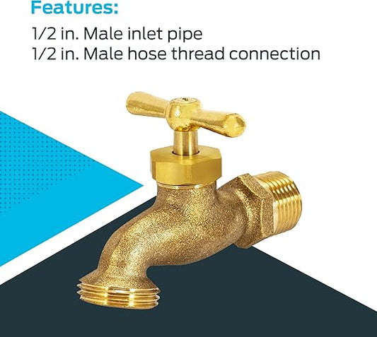 1/2-Inch MIP Heavy-Duty Brass Hose Bibb – Outdoor Garden Spigot with T-Handle