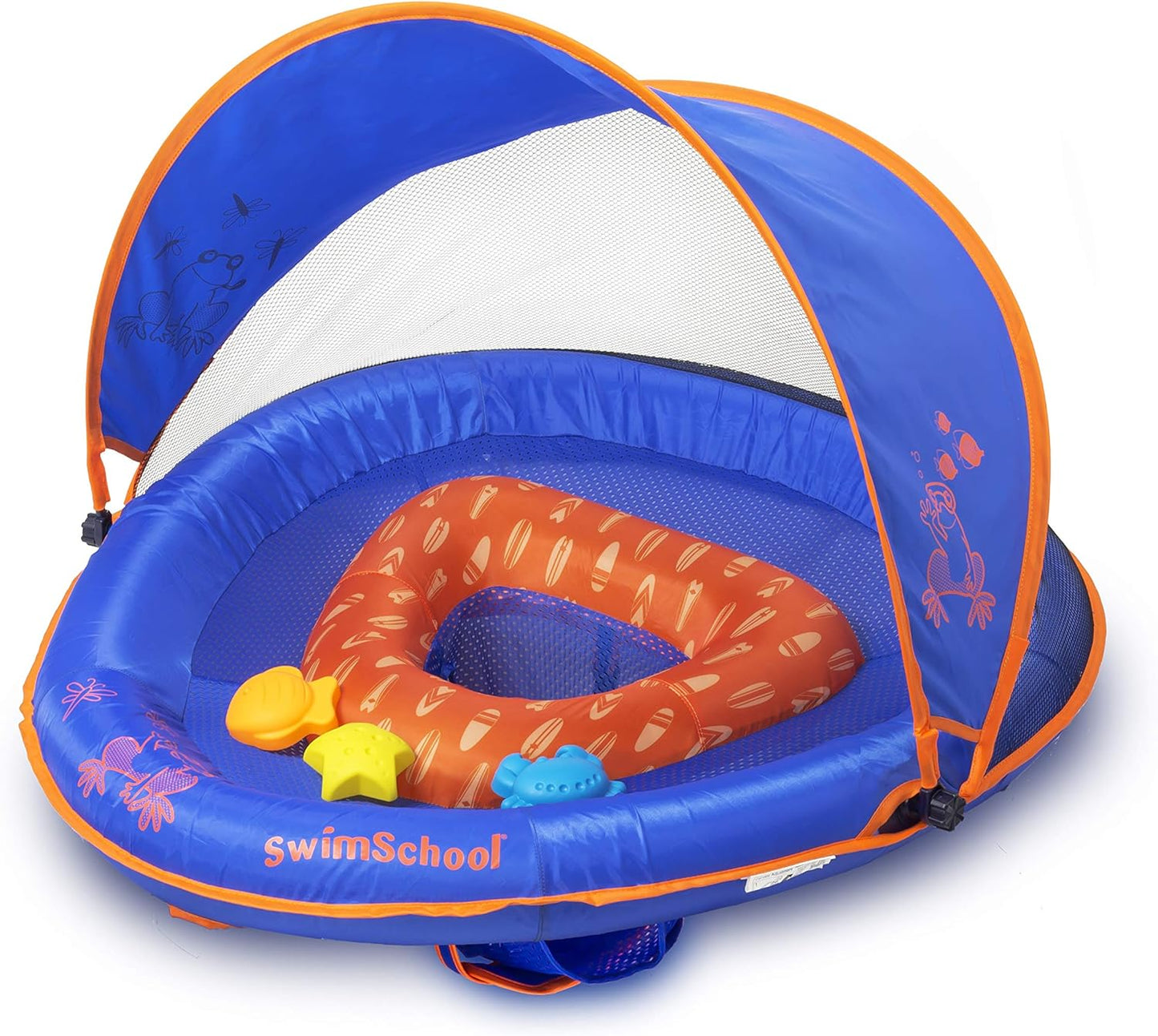 SwimSchool Deluxe Baby Float with Adjustable Canopy - 6-24 Months - Baby Swim Float with Splash & Play Activity Center Safety Seat - Blue/Orange