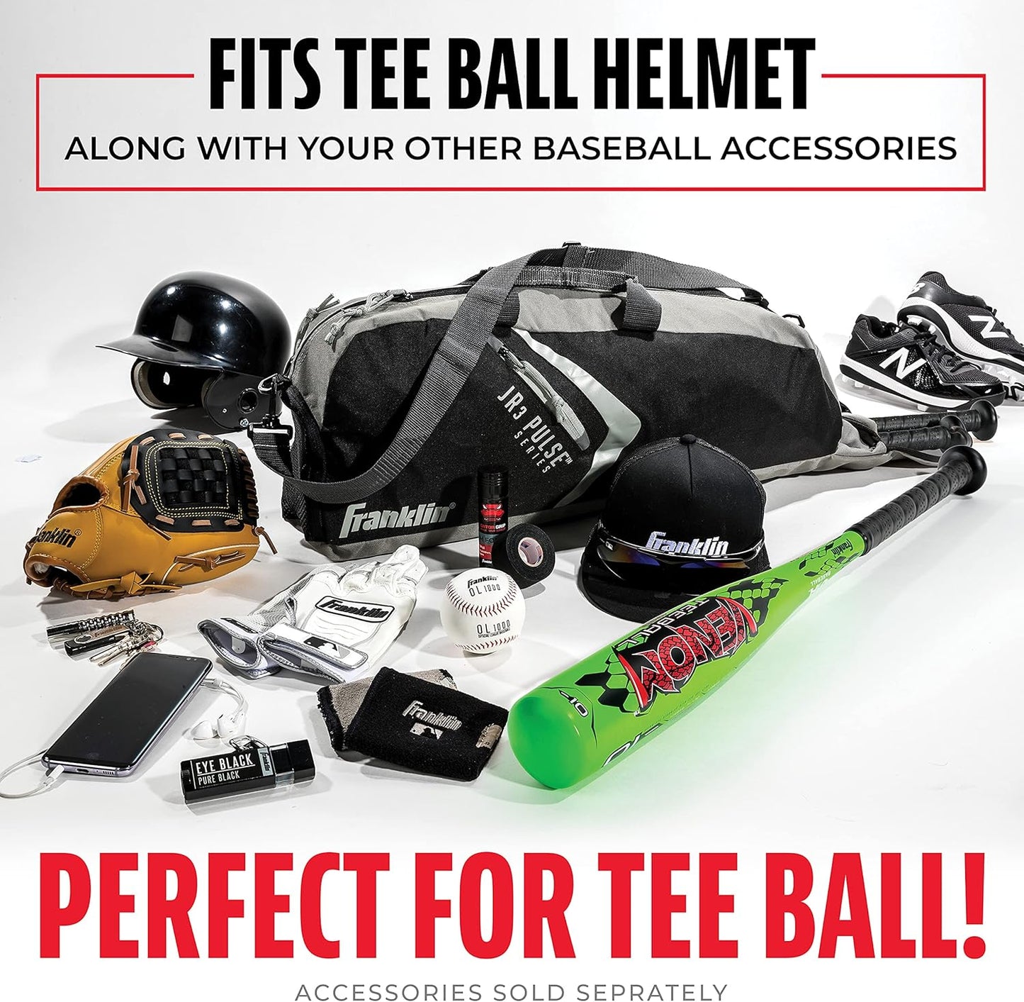 Franklin Sports Youth Baseball Bag - JR3 Junior Kids Bat Bag for Teeball, Baseball + Softball - Boys + Girls Equipment - Black/Gray