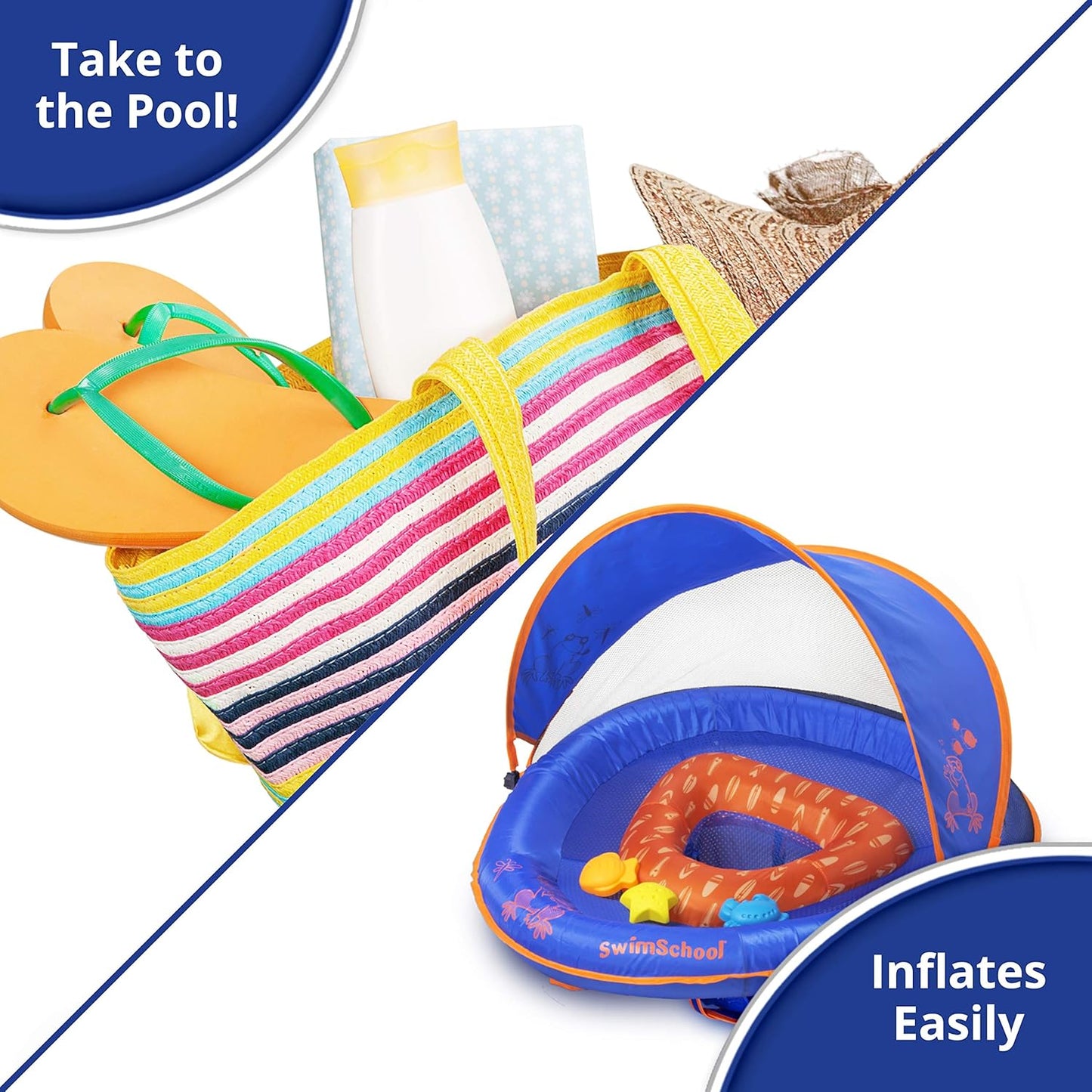 SwimSchool Deluxe Baby Float with Adjustable Canopy - 6-24 Months - Baby Swim Float with Splash & Play Activity Center Safety Seat - Blue/Orange