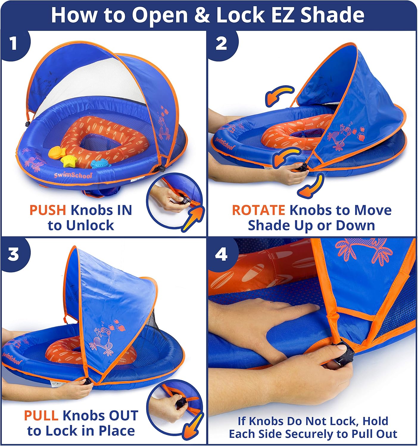 SwimSchool Deluxe Baby Float with Adjustable Canopy - 6-24 Months - Baby Swim Float with Splash & Play Activity Center Safety Seat - Blue/Orange