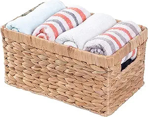 Natural Woven Water Hyacinth Wicker Rectangular Storage Bin Basket with Handles, Large