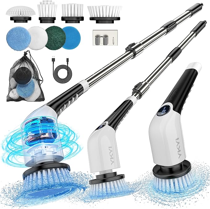Electric Spin Scrubber, Cordless Cleaning Brush Power Shower Scrubber Long Handle Extendable Handheld Electric Scrubber for Bathroom Floor Tub Tile with 8 Replaceable Brush Heads & Hook