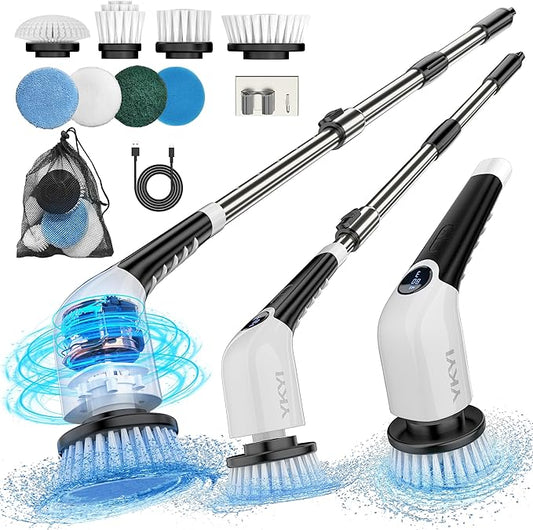 Electric Spin Scrubber, Cordless Cleaning Brush Power Shower Scrubber Long Handle Extendable Handheld Electric Scrubber for Bathroom Floor Tub Tile with 8 Replaceable Brush Heads & Hook
