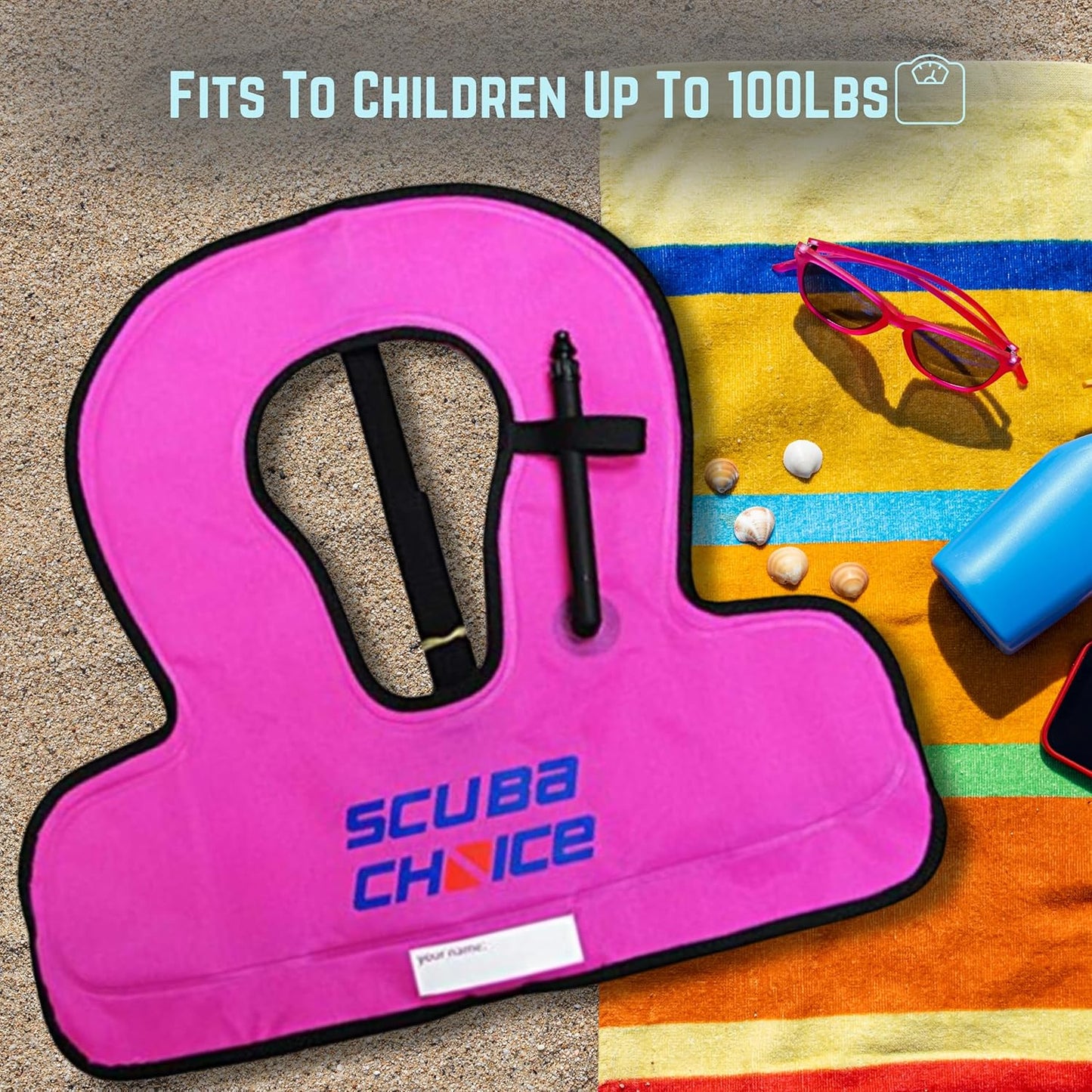 Scuba Choice Kid's Snorkel Vest with Name Box, Purple â€“ Lightweight Adjustable Vest for Kids Up to 100 lbs with Easy Oral Inflator and Anti-Ride-Up Strap for Comfort and Safety