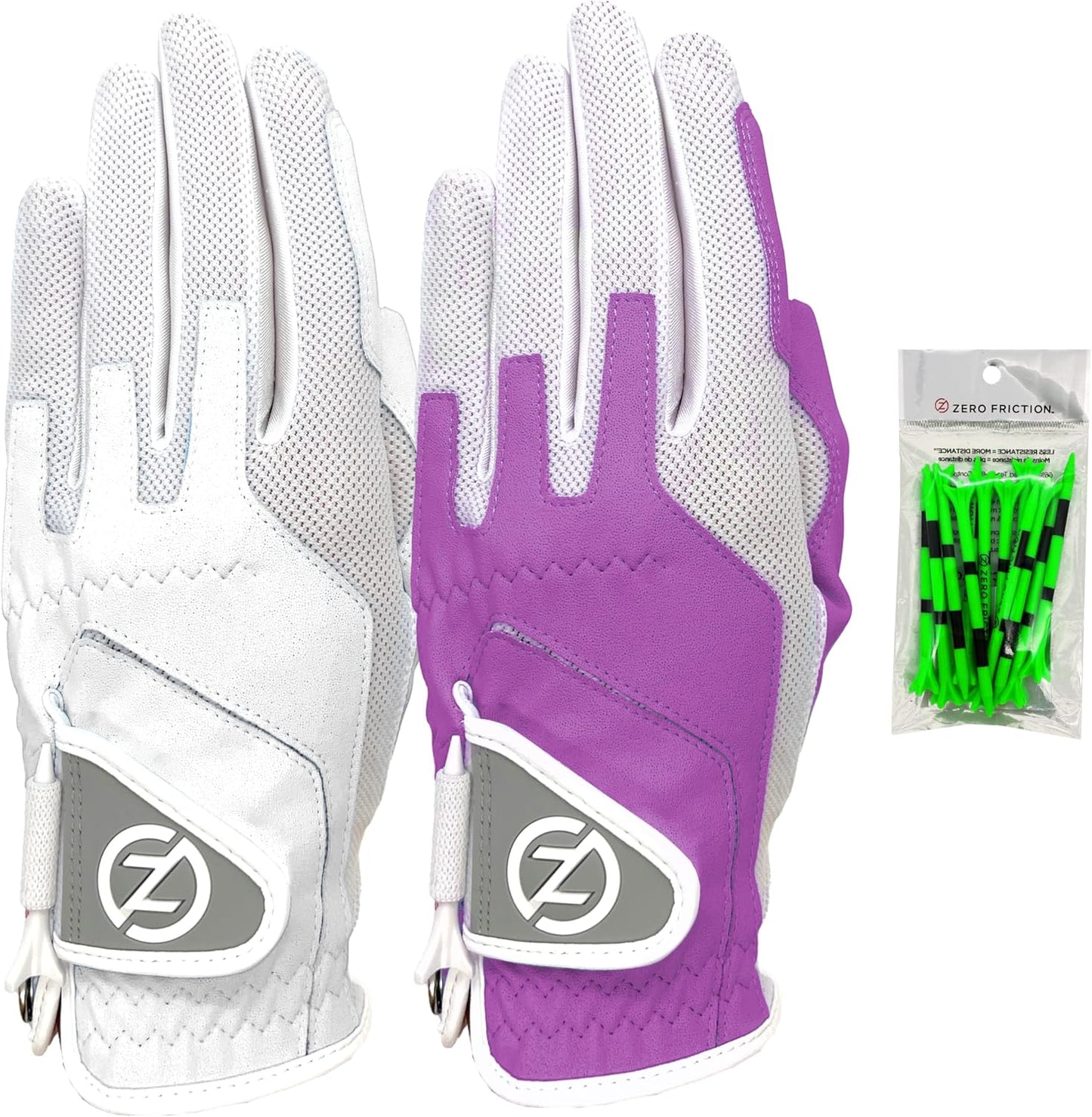 Zero Friction Ladies Compression-Fit Synthetic Golf Glove (2 Pack with Free Pack of tees), Universal Fit One Size, White/Lavender