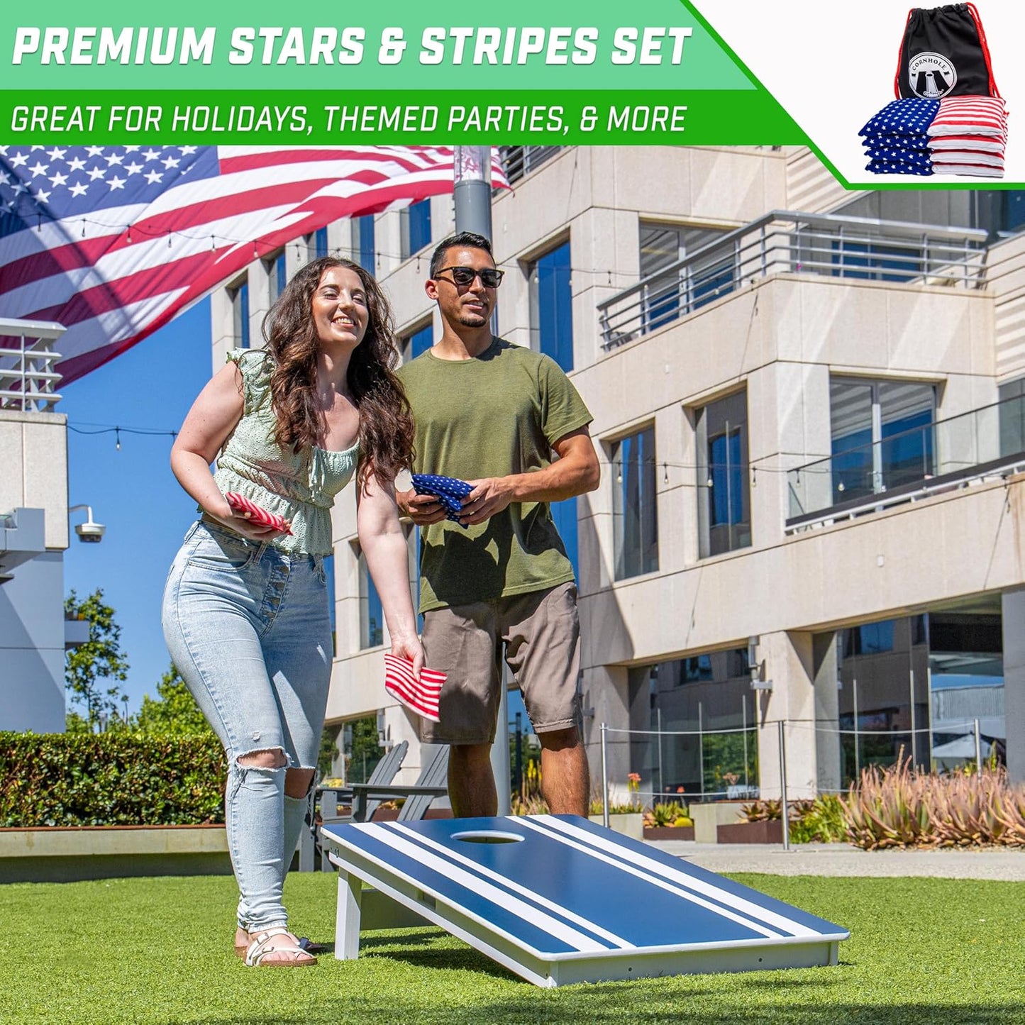 GoSports Official Regulation Cornhole Bean Bags Set of 8 â€“ for Fun Casual Cornhole Games - All Weather - American Stars and Stripes