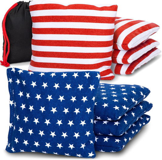 Cornhole Bean Bags Set of 8 – Regulation Size 6x6 Inches, 16 oz Each, All-Weather Duck Cloth Bags, Red White Blue Stars & Stripes Design - Yalz Store