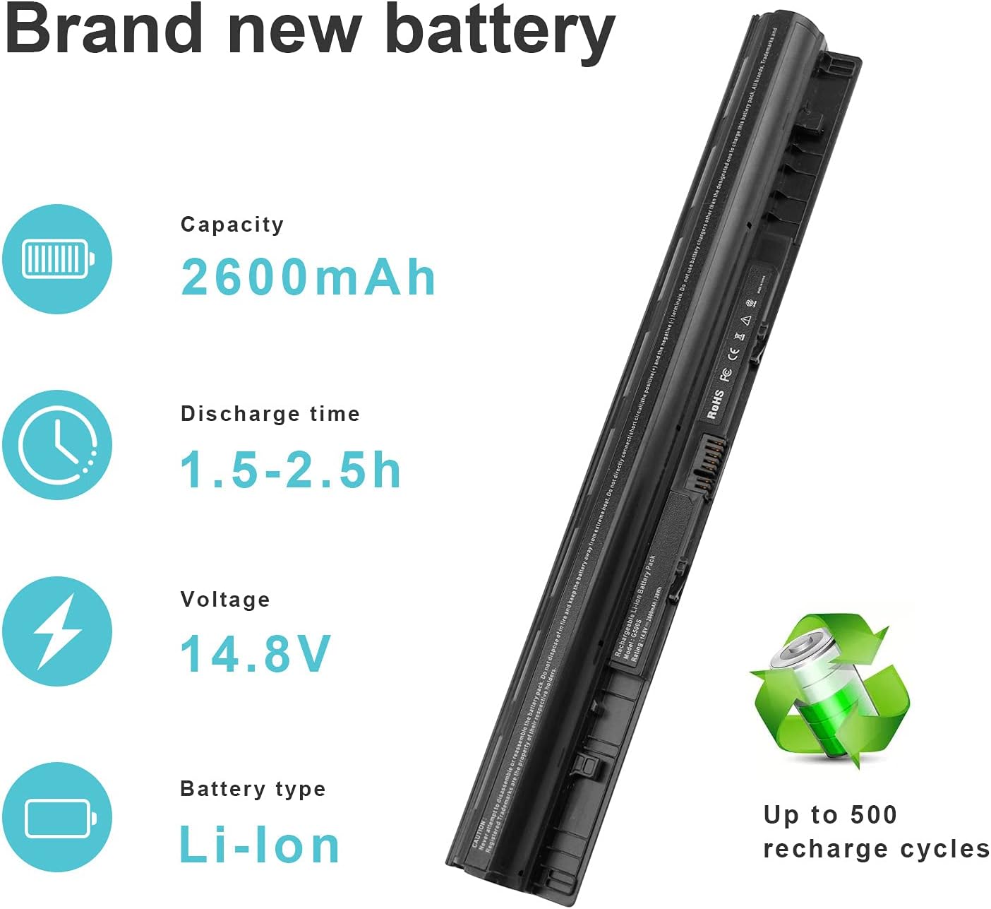 Laptop battery with specifications on a white background