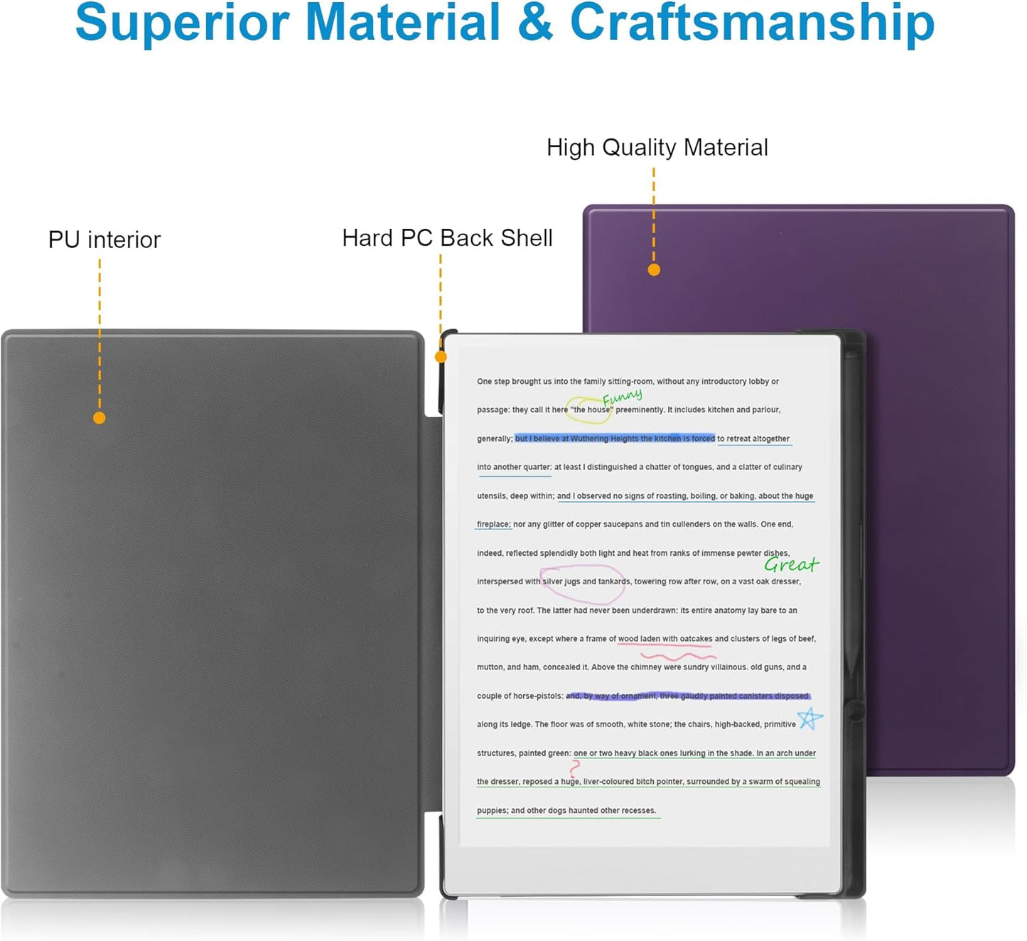 E-reader with a purple cover, highlighting material and craftsmanship features.