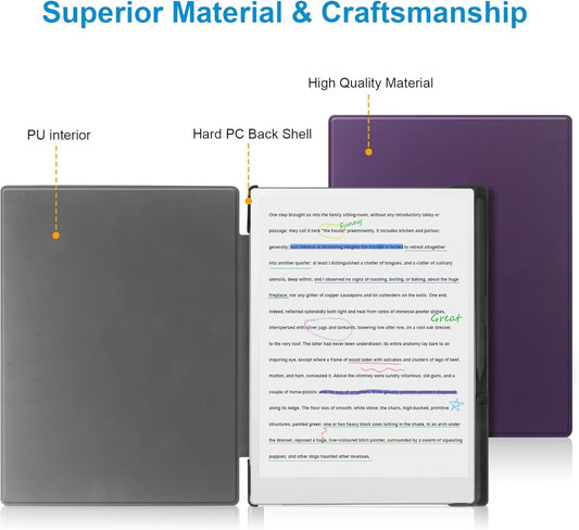 E-reader with a purple cover, highlighting material and craftsmanship features.