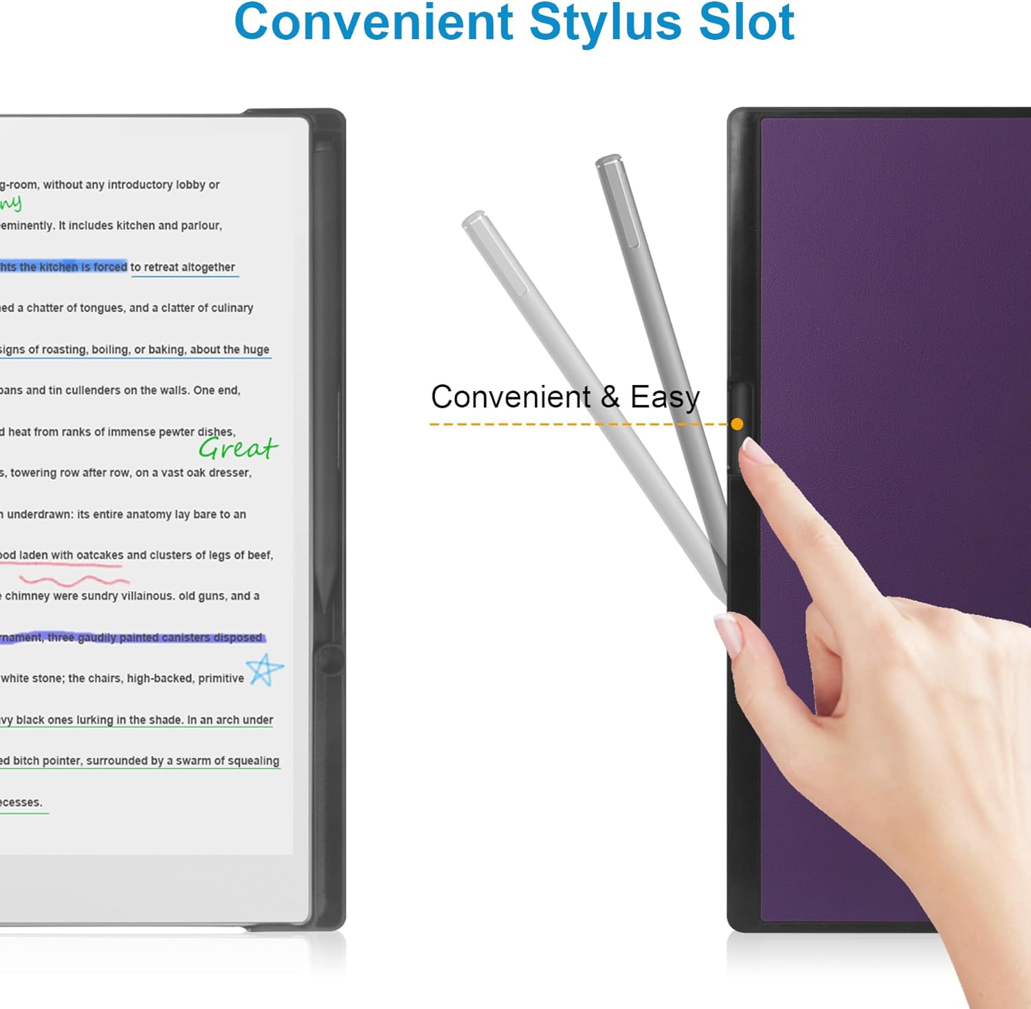 E-reader with stylus slot and hand holding a stylus, text 'Convenient Stylus Slot' displayed.