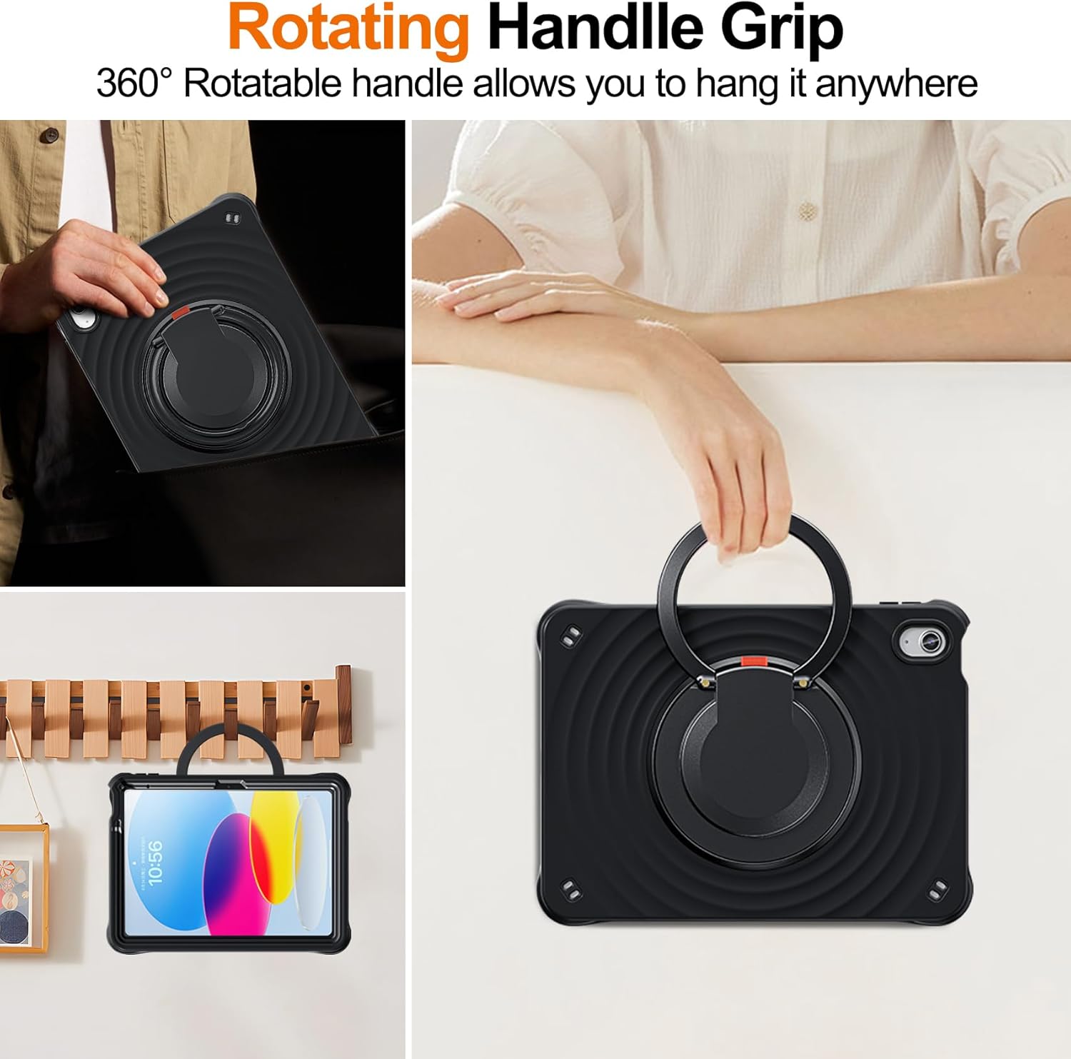 Black rotating handle grip for a tablet with text indicating its 360-degree rotation feature.