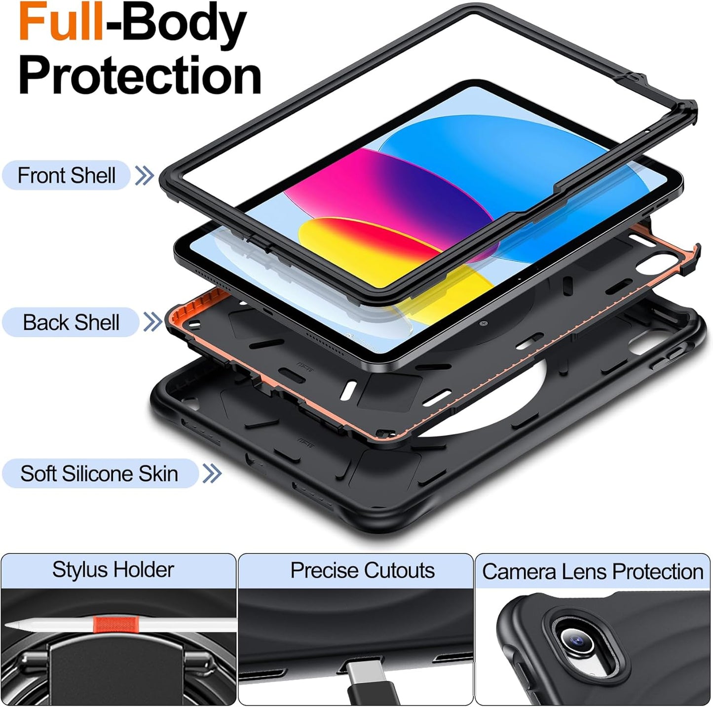 Phone case with front shell, back shell, soft silicone skin, stylus holder, precise cutouts, and camera lens protection.