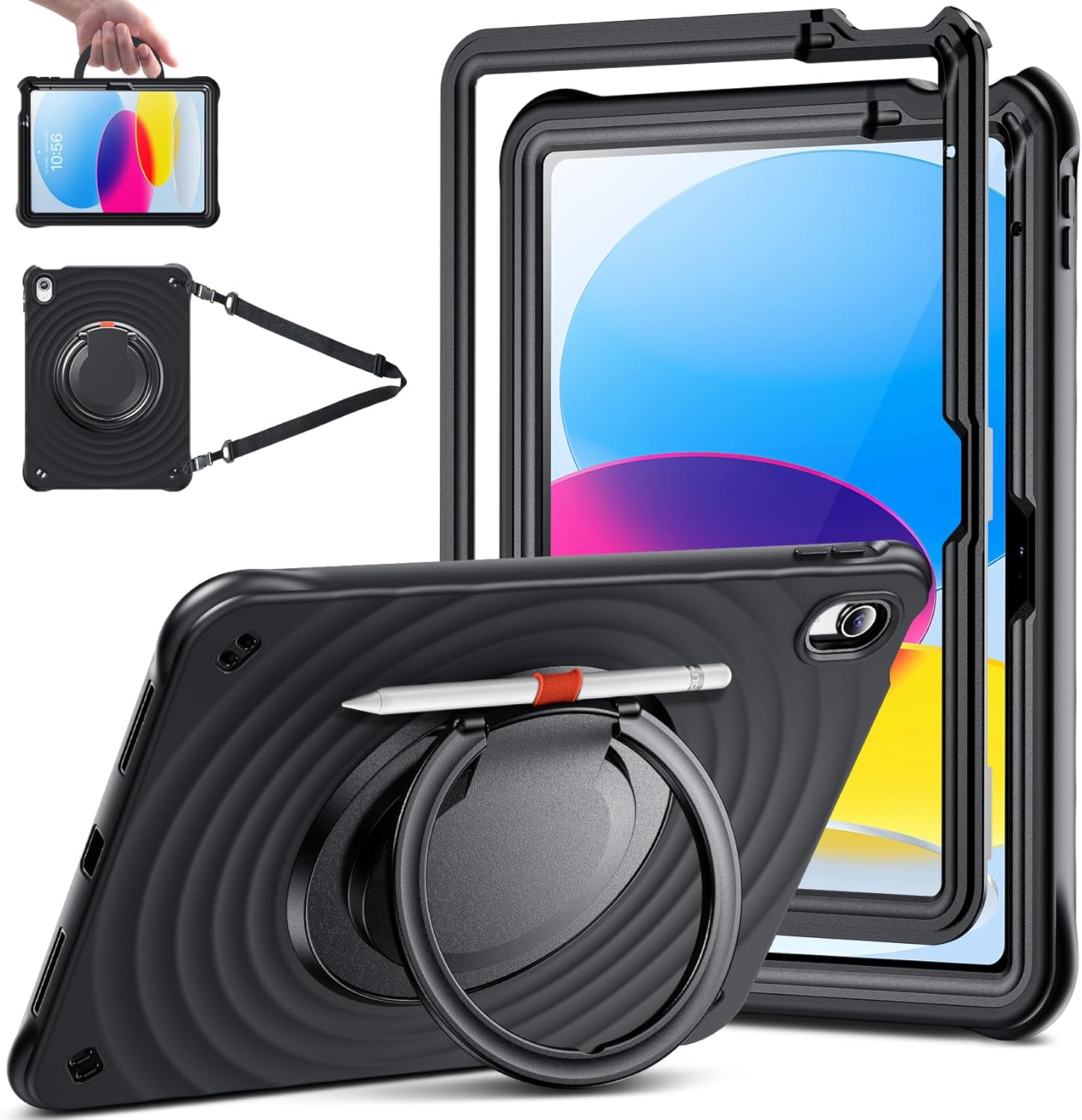 Black tablet case with stand and pen holder on a white background