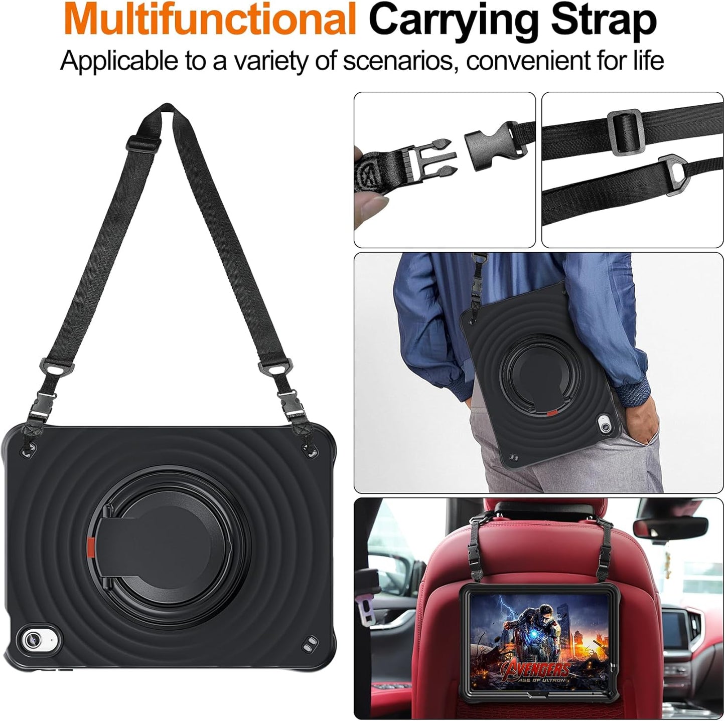 Multifunctional carrying strap with various applications shown on a white background