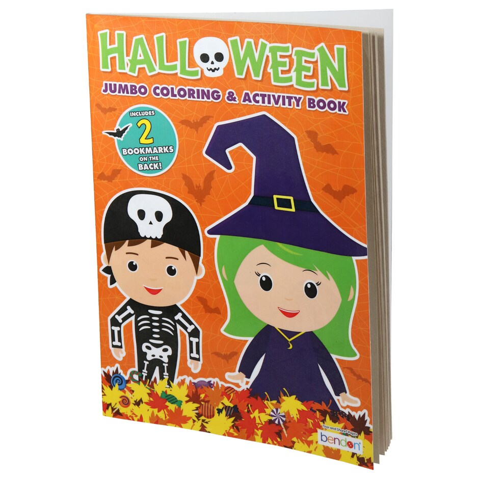 Halloween coloring and activity book with two cartoon characters on an orange background