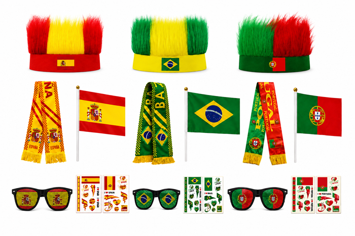 World Cup Fan Kit 5PCS Set Flag Scarf Wig Glasses & 2 Tattoo Sheets
