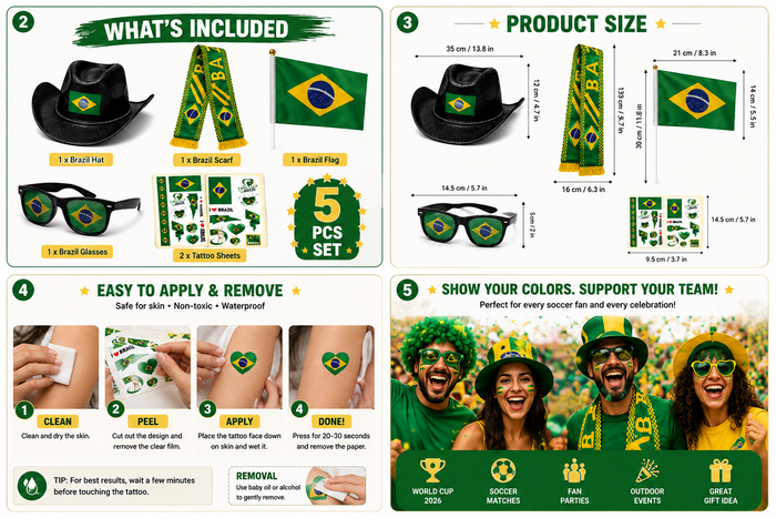 World Cup Fan Kit 5PCS Set Flag Scarf Hat Glasses & 5 Tattoo Sheets