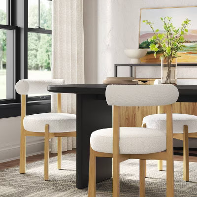 Sculptural Upholstered and Wood Dining Chair Cream Boucle (FA) - Threshold No Assembly, Polyester, Stained Wood Finish