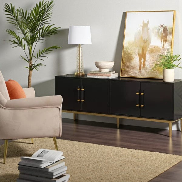 Ellery Luxe TV Stand for TVs up to 60" Black - Threshold: Gold-Finish Legs, Wood Frame, Storage - Yalz Store