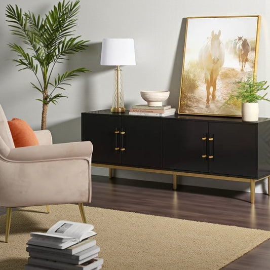 Ellery Luxe TV Stand for TVs up to 60" Black - Threshold: Gold-Finish Legs, Wood Frame, Storage - Yalz Store