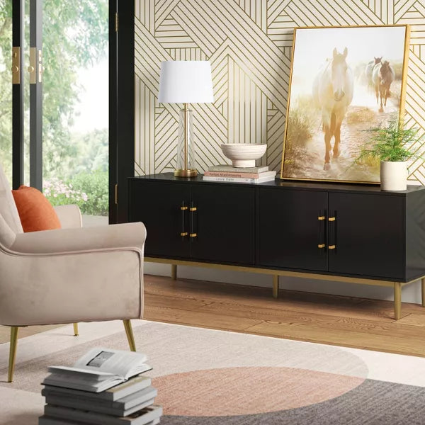 Ellery Luxe TV Stand for TVs up to 60" Black - Threshold: Gold-Finish Legs, Wood Frame, Storage