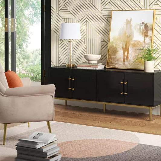 Ellery Luxe TV Stand for TVs up to 60" Black - Threshold: Gold-Finish Legs, Wood Frame, Storage