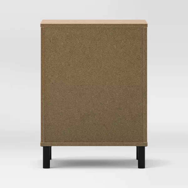 Mixed Material Dorm Nightstand – Natural Finish with Drawer, Open Shelf & Metal Legs