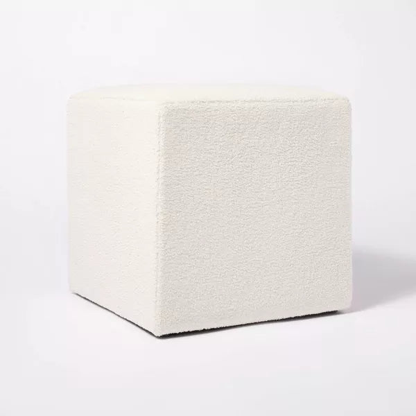 Lynwood Square Upholstered Cube Ottoman Faux Shearling Cream Boucle - Threshold designed with Studio McGee: Plywood Frame, No Assembly Required