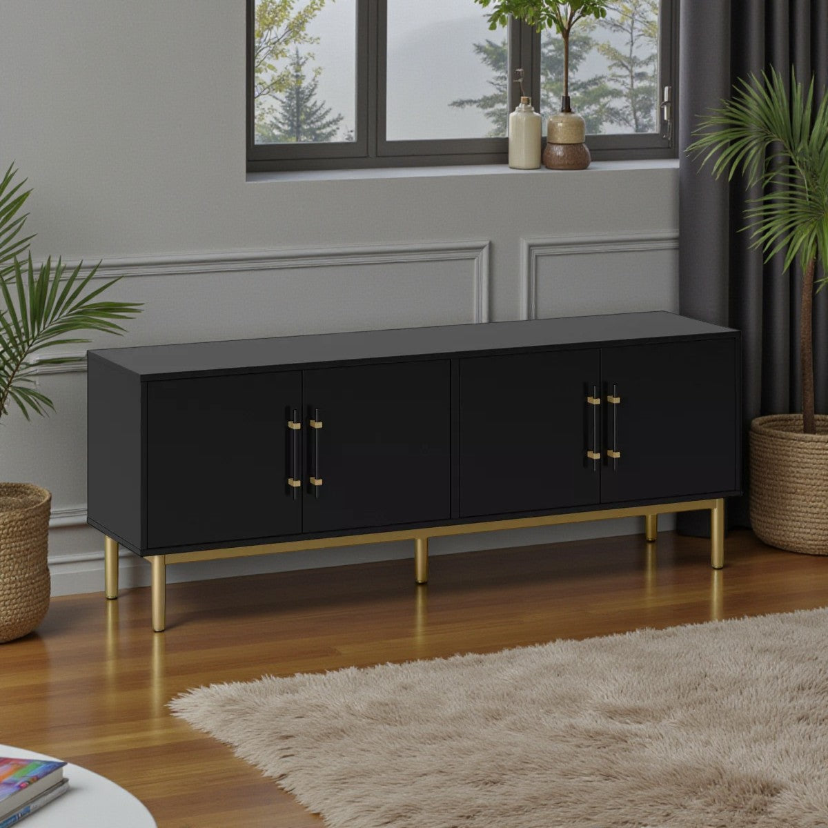 Ellery Luxe TV Stand for TVs up to 60" Black - Threshold: Gold-Finish Legs, Wood Frame, Storage - Yalz Store