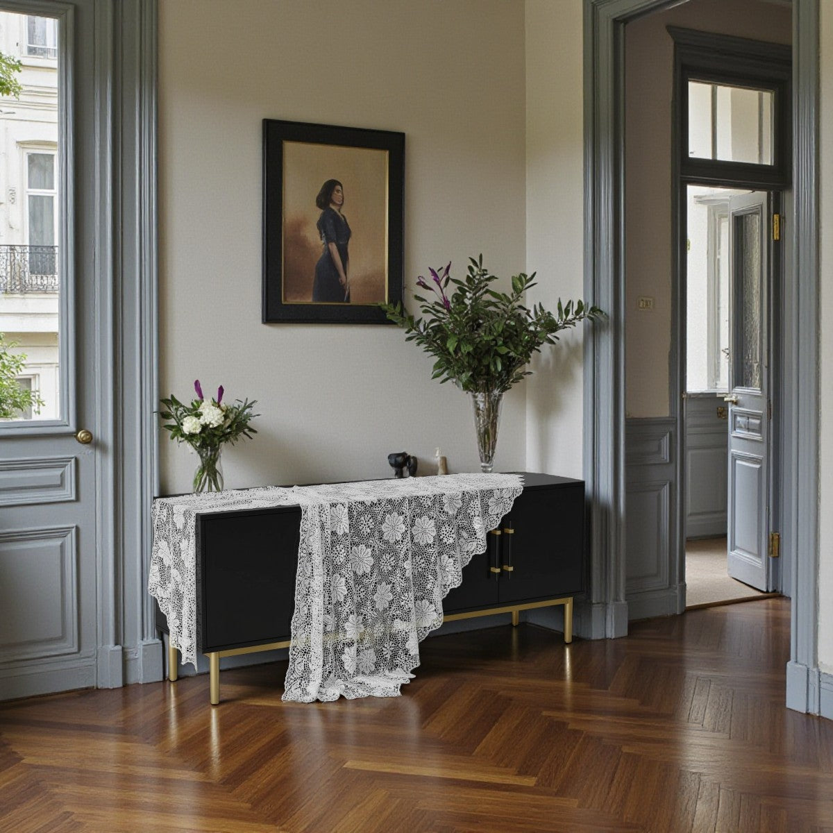 Ellery Luxe TV Stand for TVs up to 60" Black - Threshold: Gold-Finish Legs, Wood Frame, Storage - Yalz Store