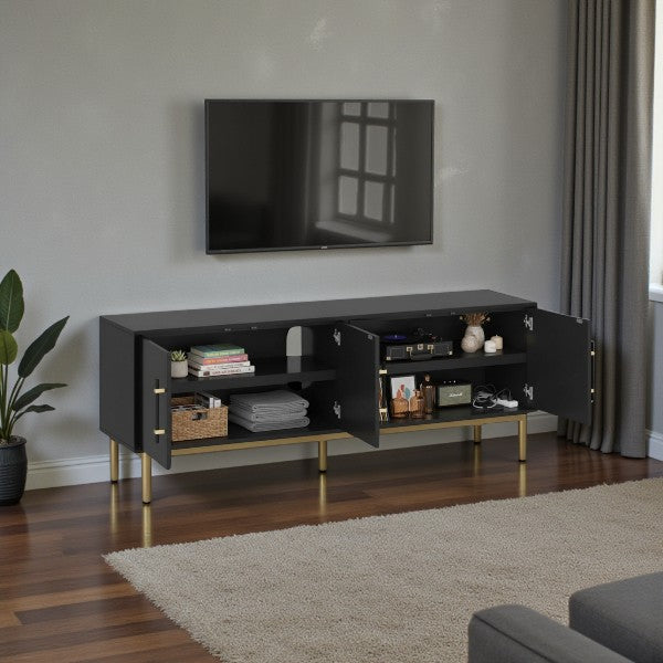 Ellery Luxe TV Stand for TVs up to 60" Black - Threshold: Gold-Finish Legs, Wood Frame, Storage - Yalz Store