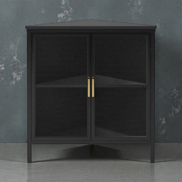 Black Mesh Corner Cabinet – V-Shaped Metal Storage with Gold Handles - Yalz Store