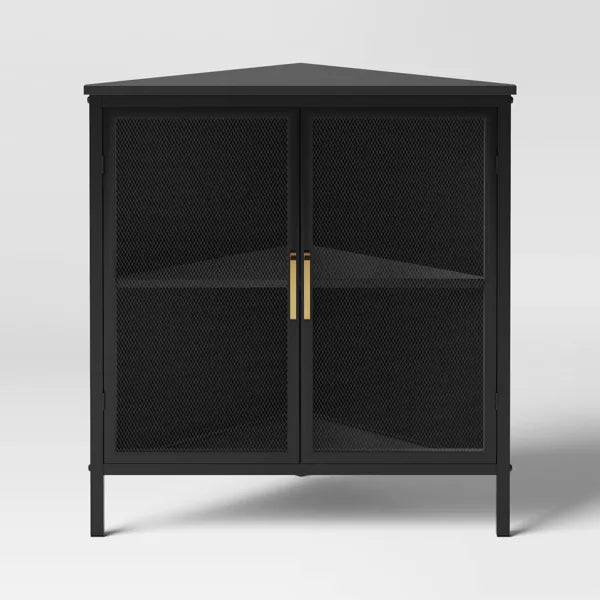 Black Mesh Corner Cabinet – V-Shaped Metal Storage with Gold Handles