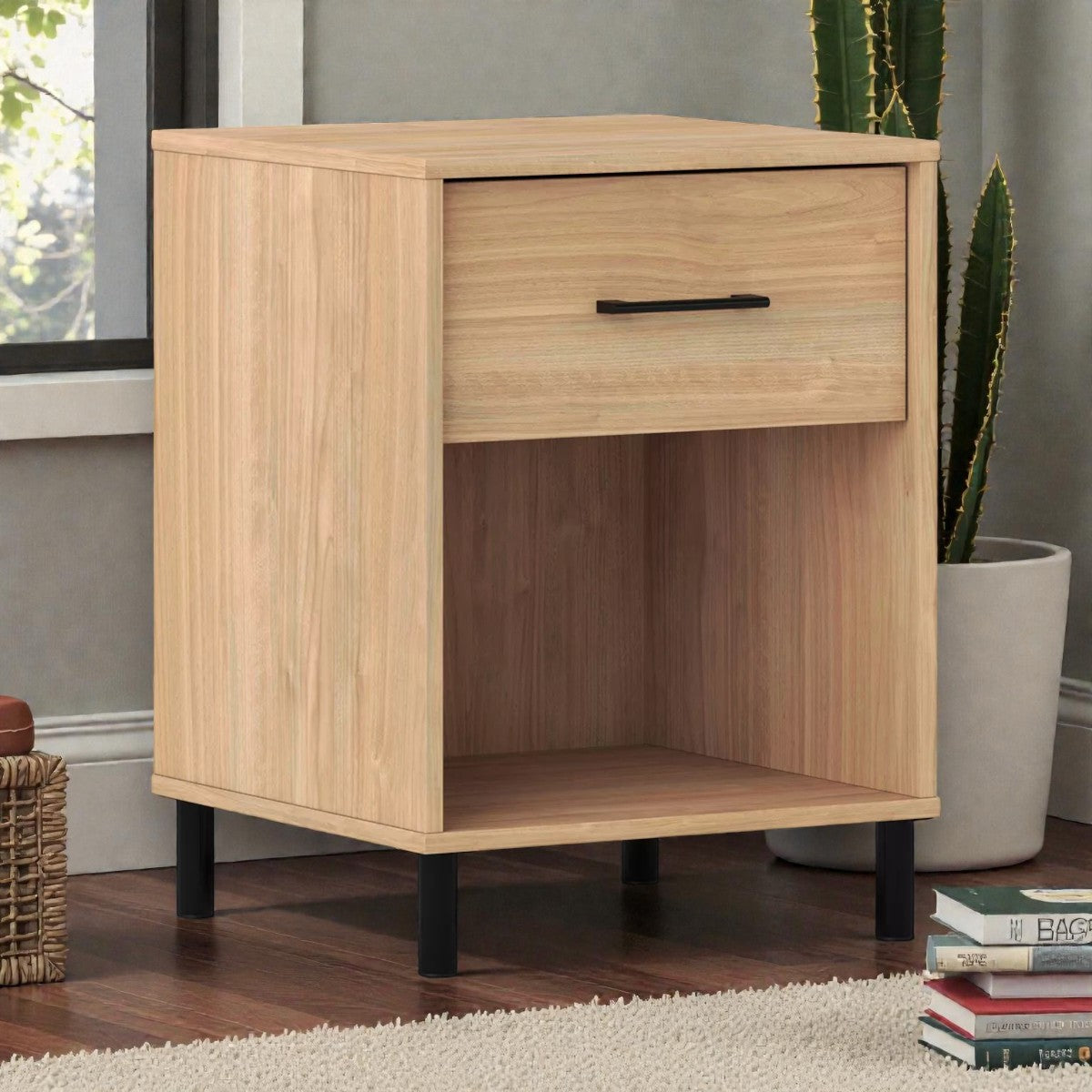 Mixed Material Dorm Nightstand – Natural Finish with Drawer, Open Shelf & Metal Legs - Yalz Store