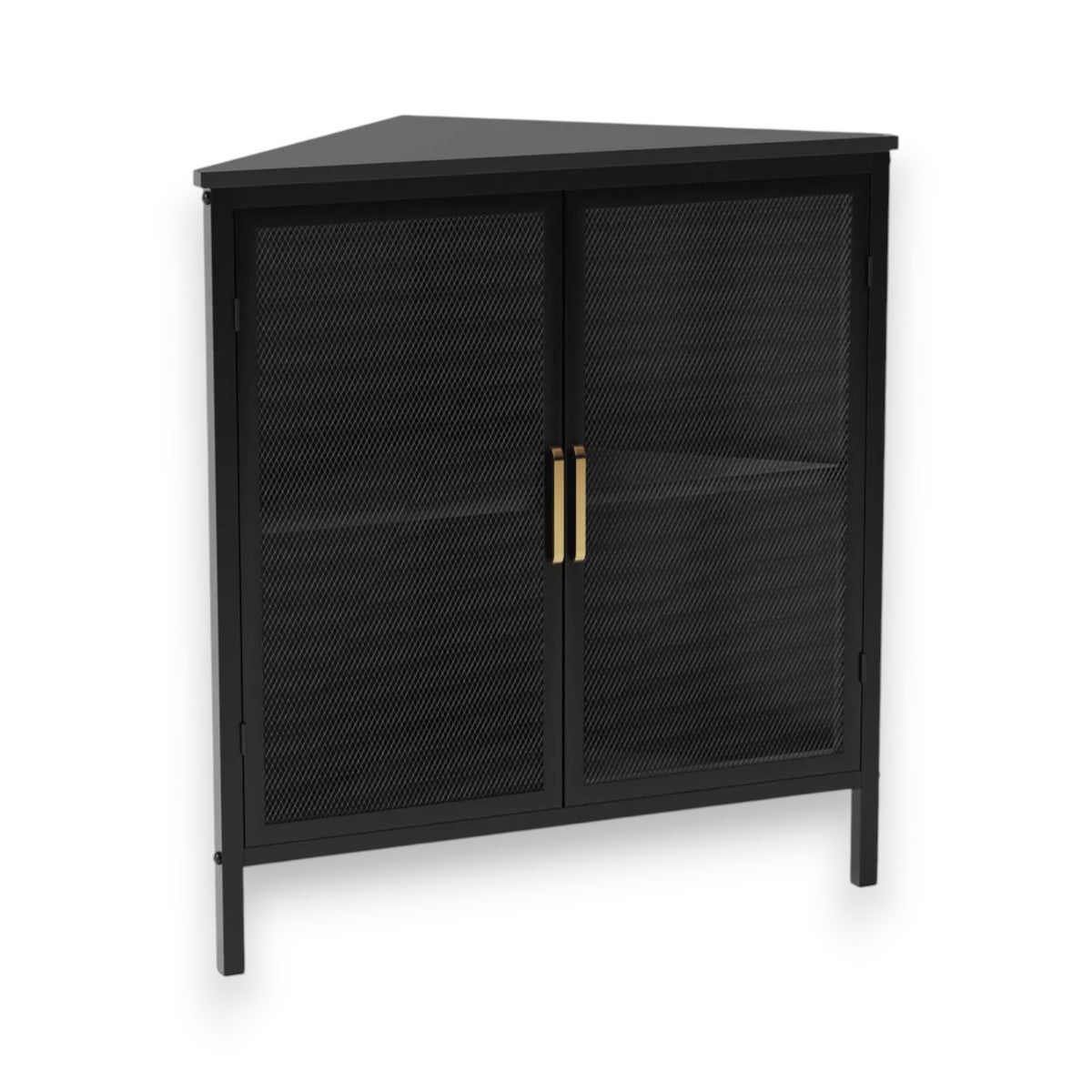 Black Mesh Corner Cabinet – V-Shaped Metal Storage with Gold Handles - Yalz Store