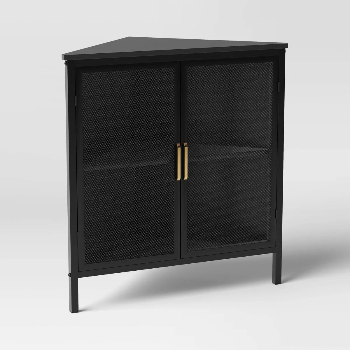 Black Mesh Corner Cabinet – V-Shaped Metal Storage with Gold Handles