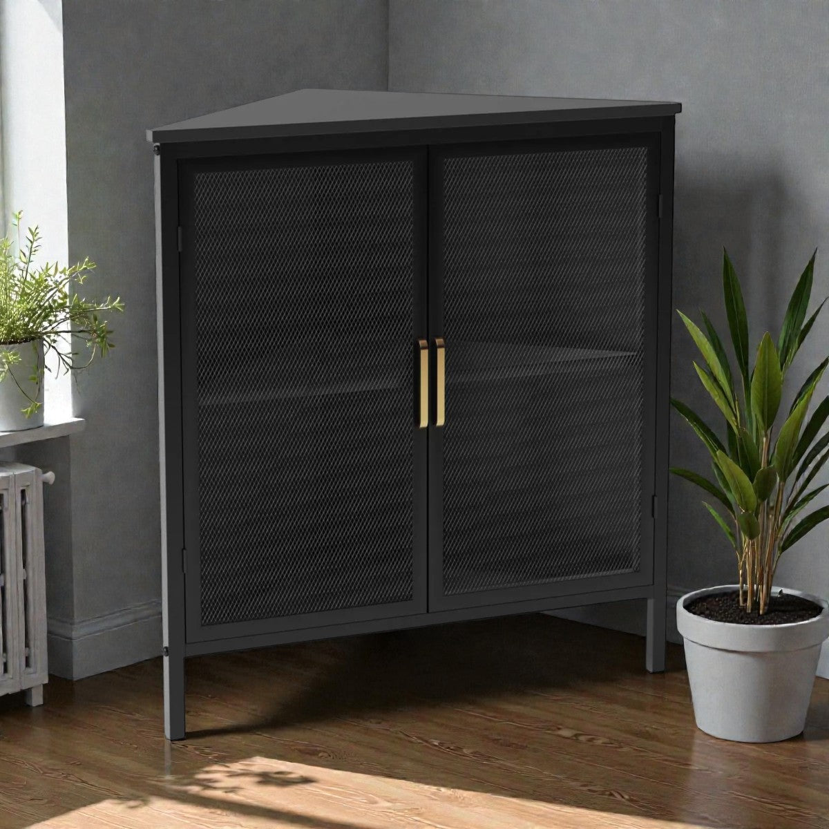 Black Mesh Corner Cabinet – V-Shaped Metal Storage with Gold Handles - Yalz Store