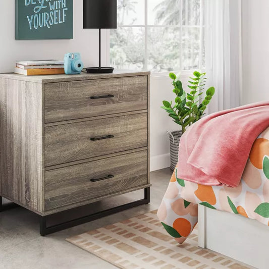 Mixed Material 3-Drawer Dresser – Light Gray Wash, Compact Modern Storage