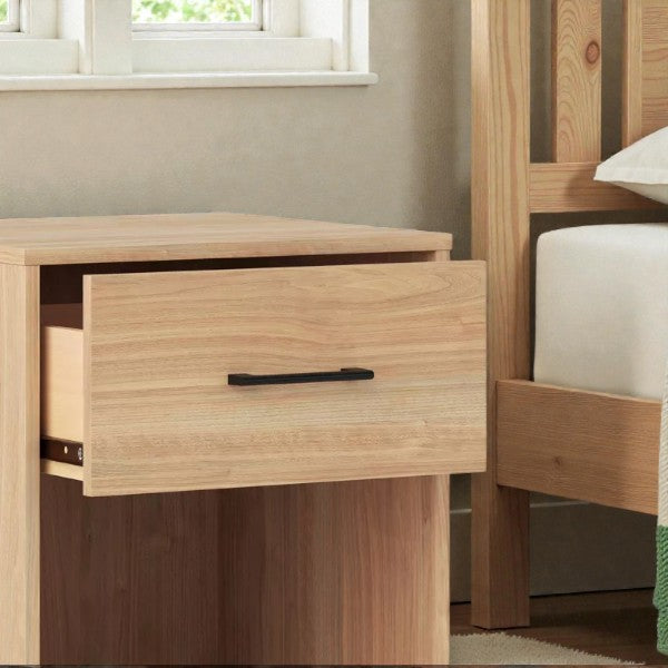 Mixed Material Dorm Nightstand – Natural Finish with Drawer, Open Shelf & Metal Legs - Yalz Store
